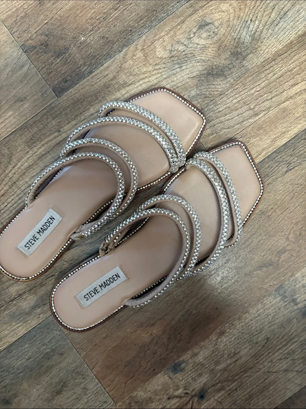 Steve Madden Beige/Tan Crystal-Embellished Slide Mules